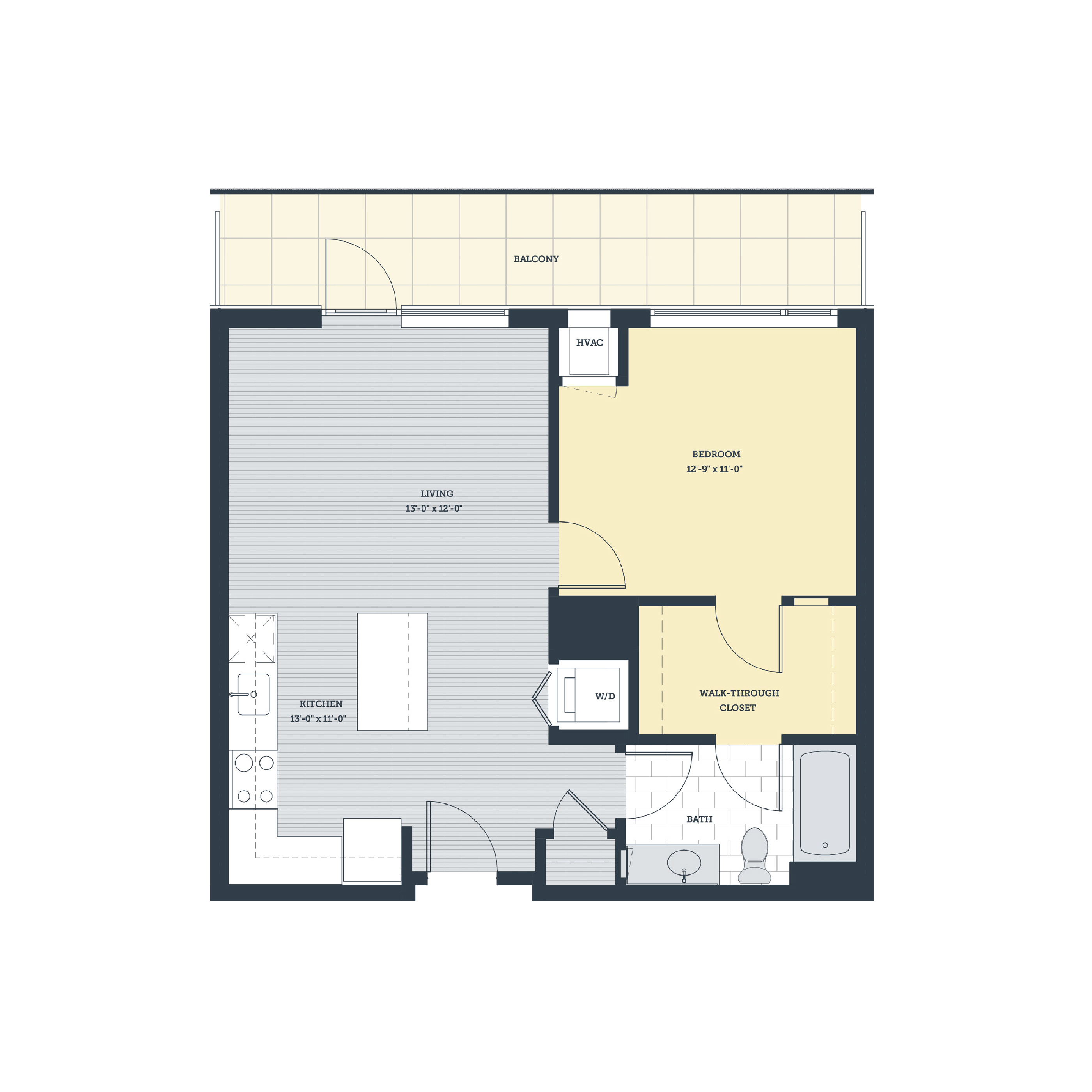 Floor plan for 1 bed, 1 bath, 683 sqft